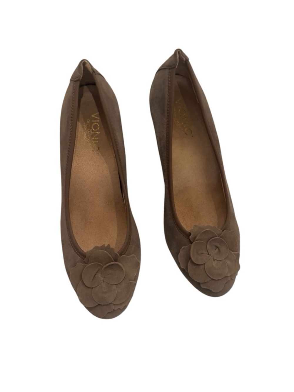 Vionic Brown Suede Wedge Pumps with Floral Appliqué - Picture 2 of 7
